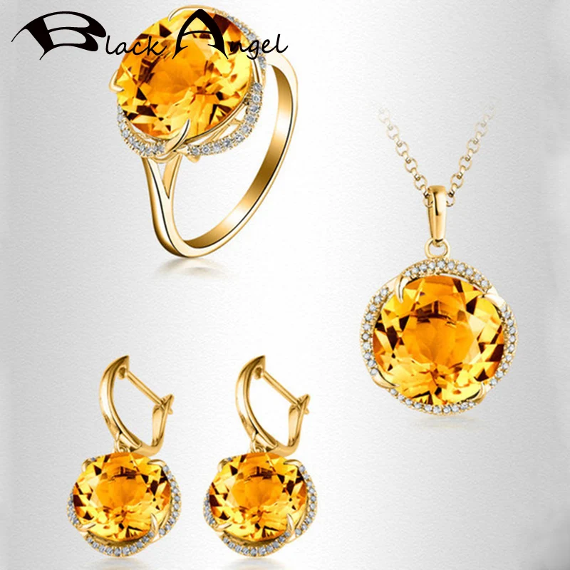 

BLACK ANGEL 2020 New Luxury Citrine CZ Wedding Jewelry Set Long Clip Earrings Necklace Ring For Women Engagement Christmas Gift