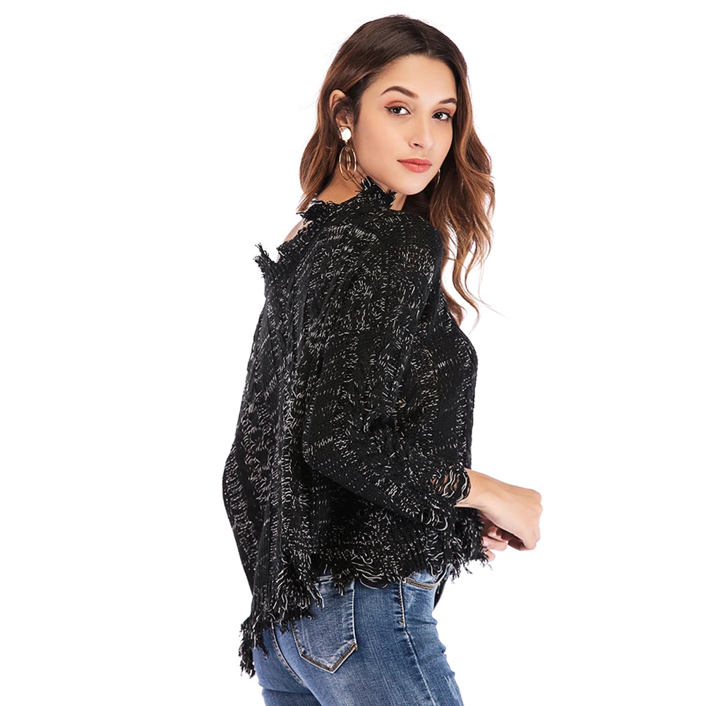 Autumn Winter Sweater Women 2019 Casual Warm Knitted Ripped Sweaters Sexy V Neck Long Sleeve Elegent Oversize Female | Женская одежда
