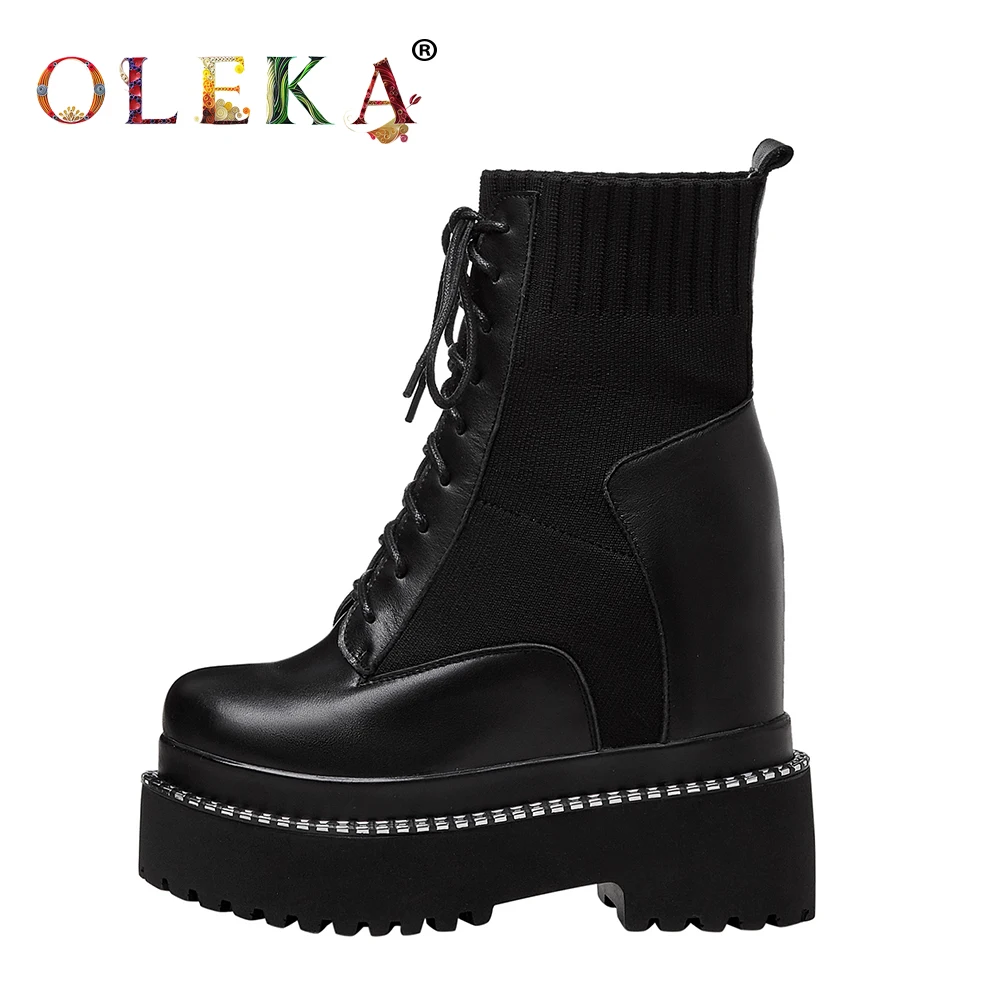 Kopen Oleka Leather Mid-Kalf Winter Winter Laarzen Vrouwen Platform Rome Ronde Neus Lederen Laarzen Vrouwen Leisure Stijl Westerse Nieuwe AS838