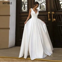 elegant boho white wedding gowns long 2021 ivoey beach wedding dress simple v neck satin sleeveless pageant sexy bridal dresses