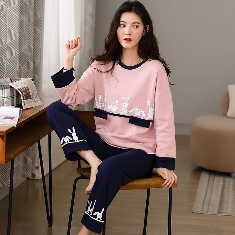 Пижамный комплект с милым принтом кролика Женская хлопковая одежда для сна