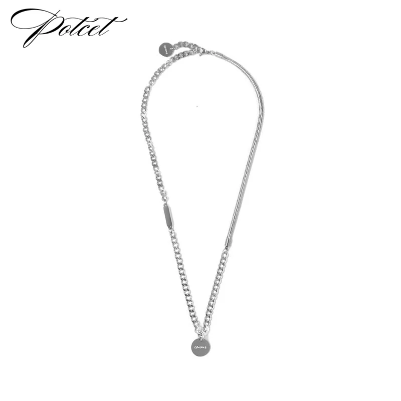 

POTCET Unisex Stainless Steel Round Sign Letter Titanium Steel Necklace Pendant Snake bone cha Geometric Fashion Hip Hop Jewelry