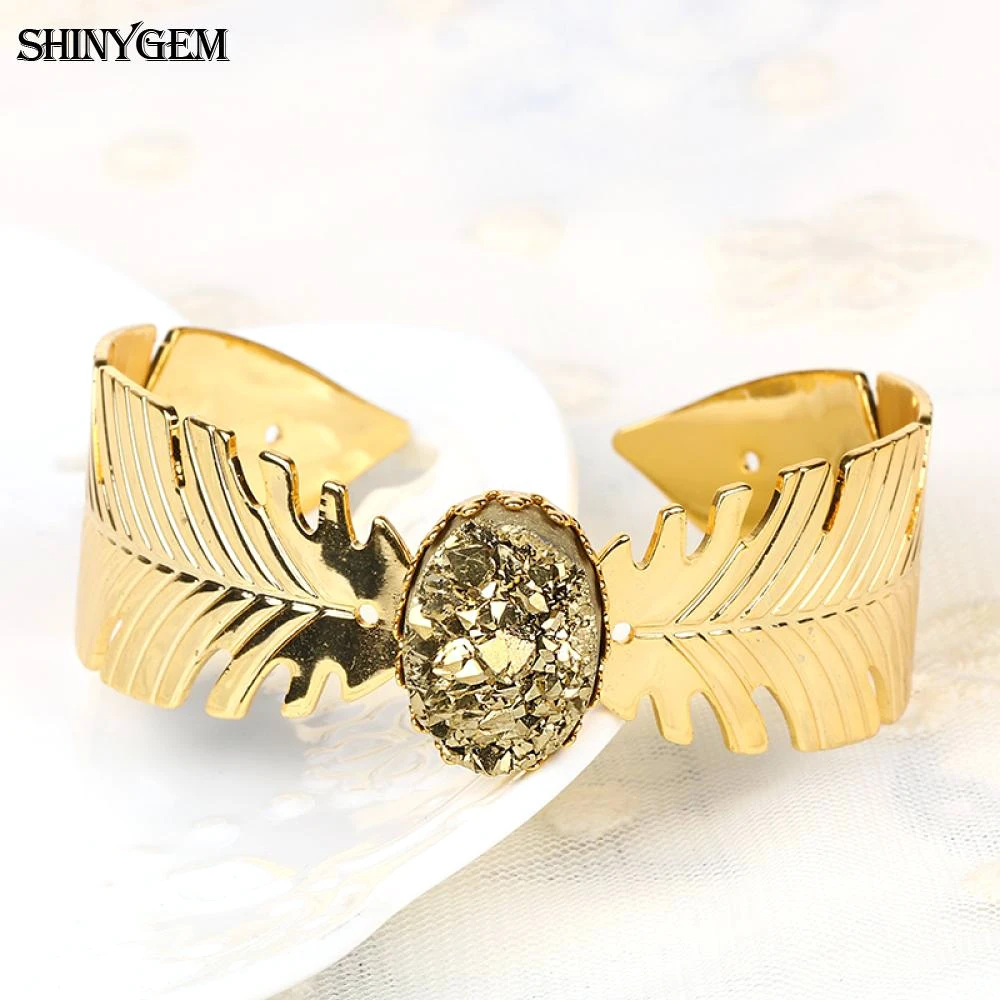 ShinyGem Красочные Овальные браслеты из драгоценных камней с золотыми перьями