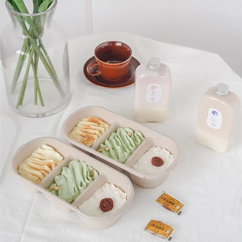 

10pcs High quality 3 grid lunch box handmade cake pastry packaging boxes party favor salad snack food paper box with plastic lid