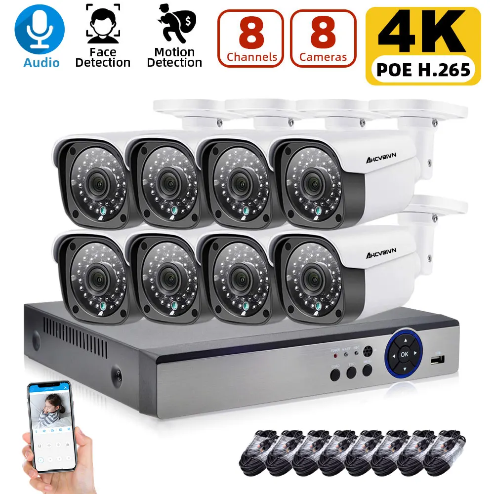 

Комплект уличных IP-камер видеонаблюдения, 4K Ultra HD POE, 8 каналов, 8 Мп, H.265, NVR, Аудиозапись