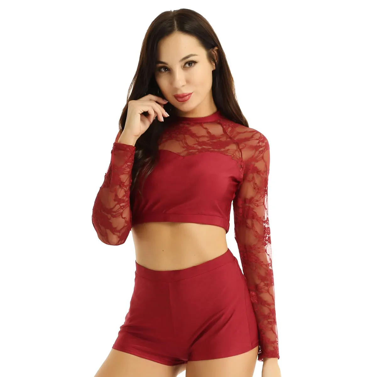 Burgundy ChicTry танцевальная одежда для взрослых из двух частей с круглым вырезом, Кружевной Топ с длинным рукавом и шорты, Женский комплект для гимнастики, балета, джазового танца - Цвет: Burgundy