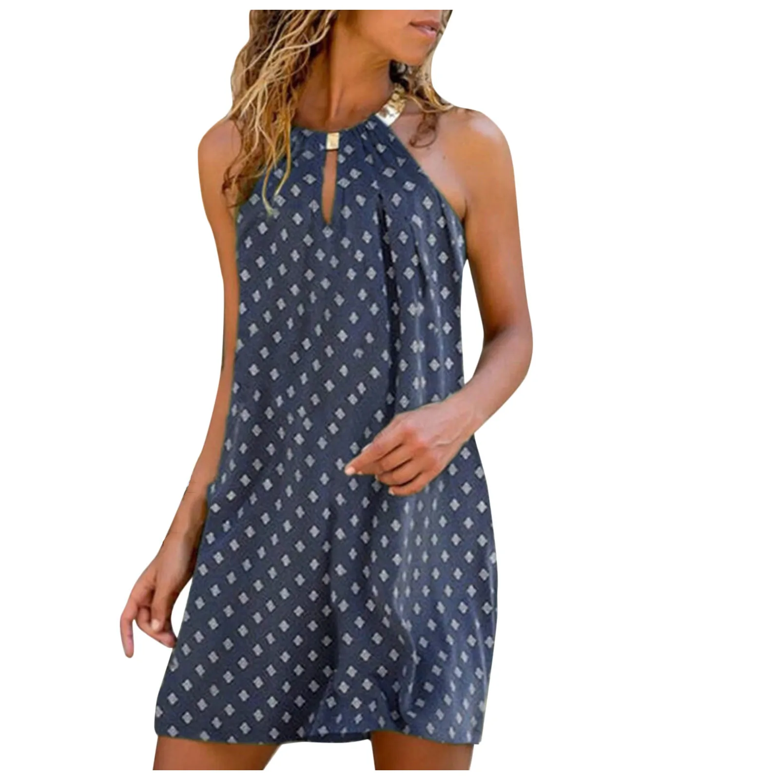 

40# Loose Halter Hollow Out Dress 2021 Metal Straight Casual Sleeveless Sexy Women Summer Dress Elegant Mini Dress For Woman