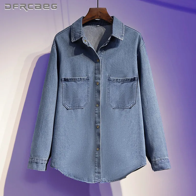 

Женская джинсовая рубашка с длинным рукавом, свободная винтажная блузка из денима, модель 5XL большого размера на весну, 2022