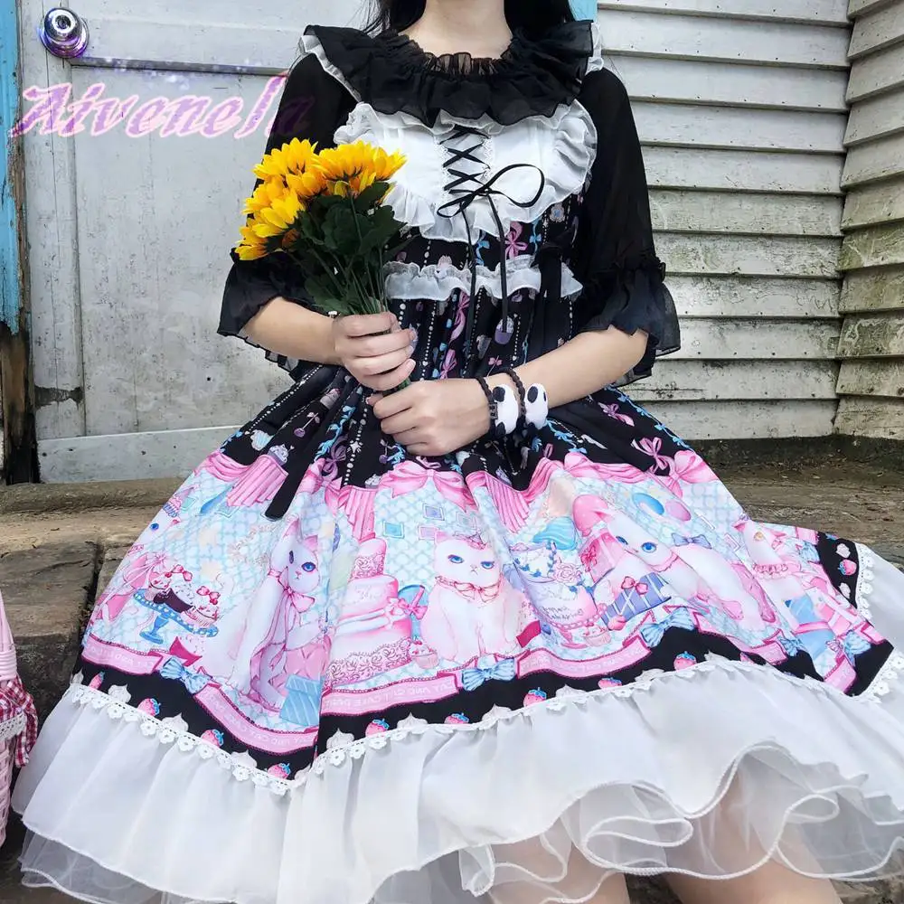 Японская Лолита АО платье милые мягкие для девочек на тонких бретелях с принтом