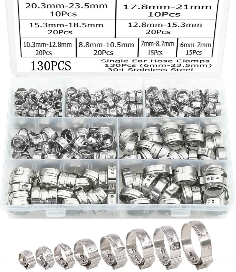 

130PCS 304 Stainless Steel 5.8-21mm Single Ear Hose Clamps Assortment Kit