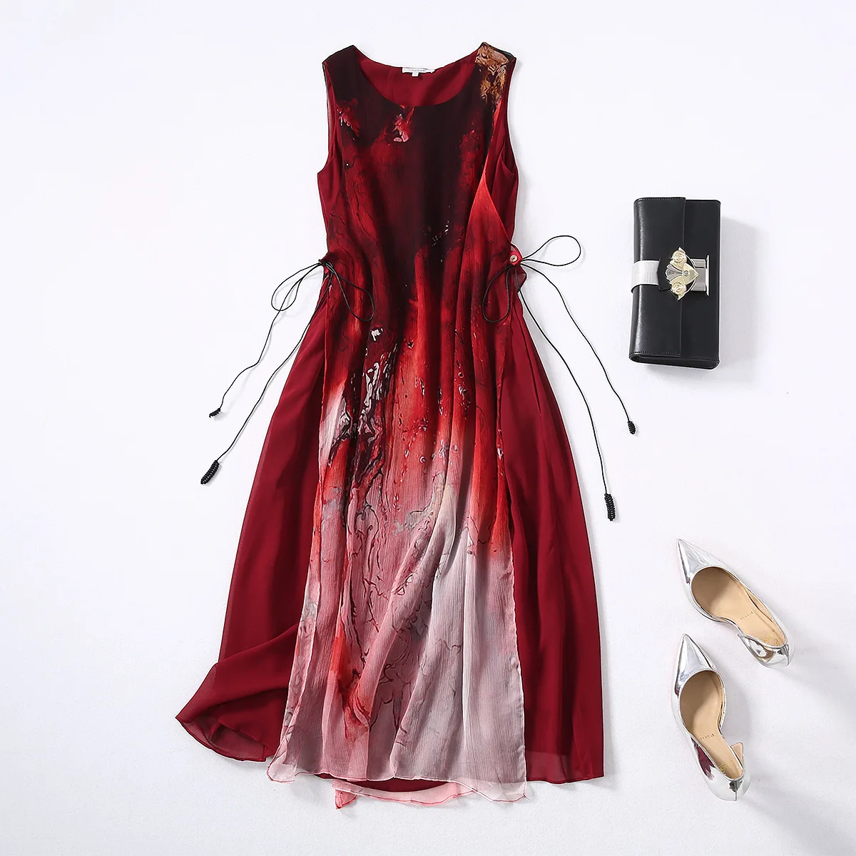 

Women's summer dress art 2021 summer new silk print medium length sleeveless vest skirt