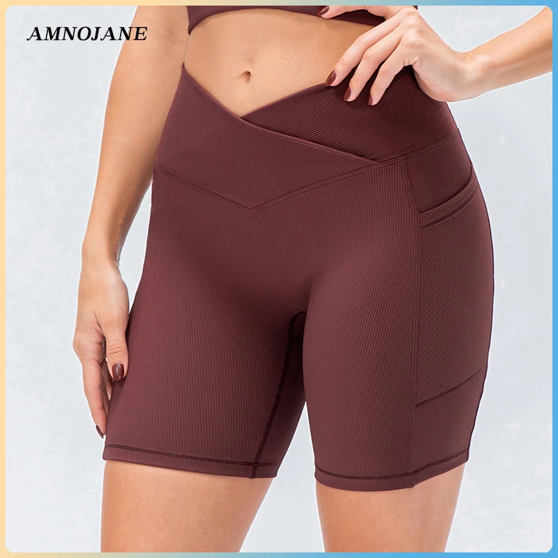 

Yoga Tight Shorts Women Short Sport Leggings With Pockets Ribbed Gym Workout Bicycle Biker Shorts High Waist Legging Activewear