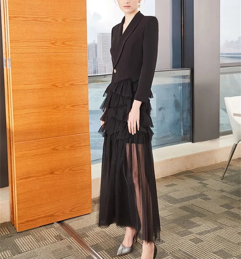 

DEAT 2021 new spring fashion women clothing turn-down collar full sleeves ruffles cake dress mesh patchwork high waist WE06000L