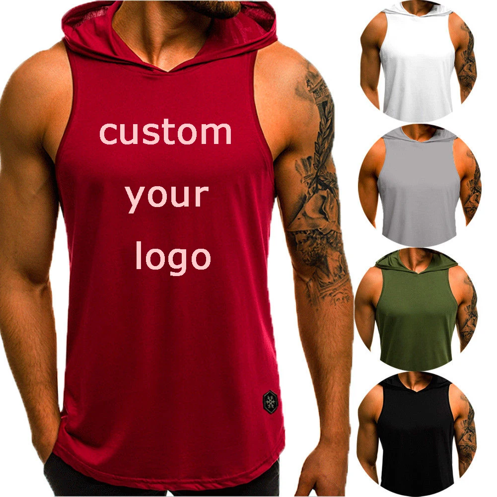 

Summer Fashion Custom Logo Men Sleeveless Hoodie T-Shirts Muscle Sweatshirt Cool Hoody Tops Gym Sport Slim Fitness Hooded Sport