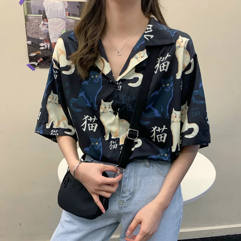 

Harajuku Print Cat Kawaii Blouses Women Single-breasted Short Sleeve Cartoon Loose Blouse Ladies 2021 Fashion Casual Sweet Tops