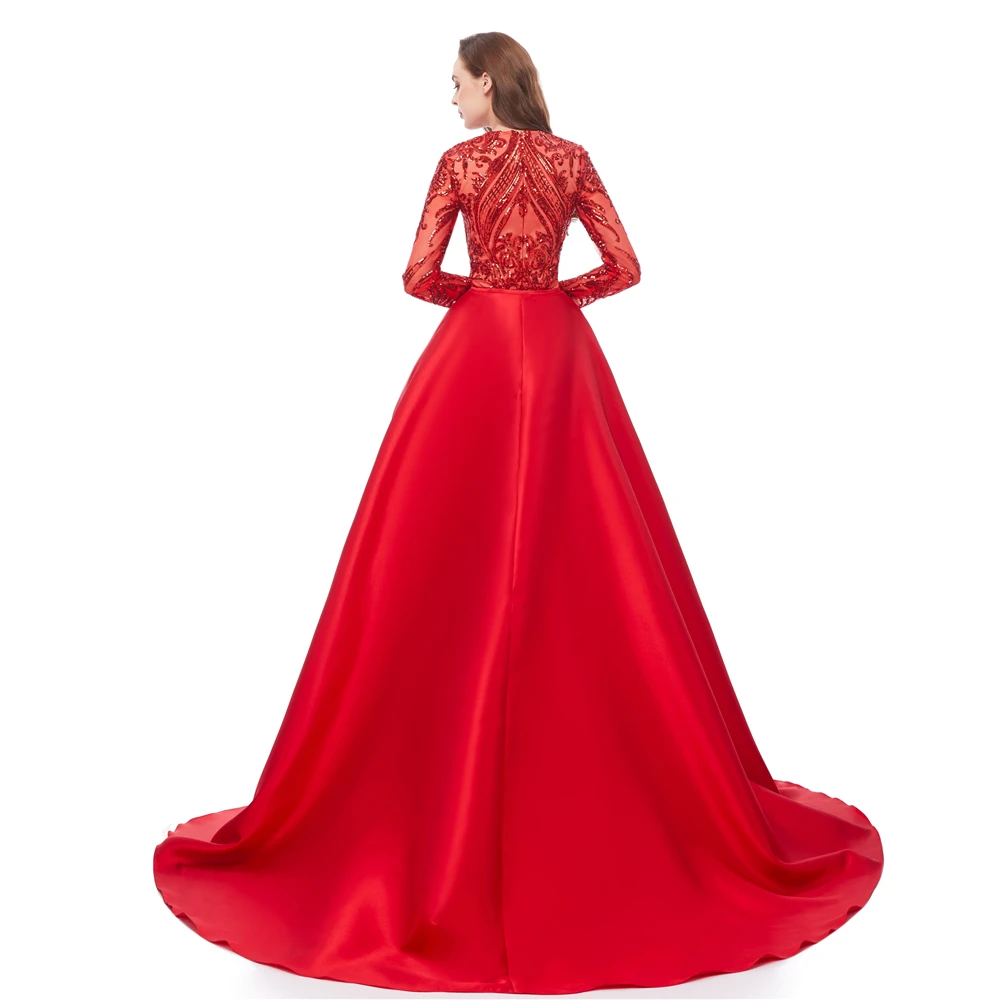 Вечернее платье с длинным рукавом со съемным шлейфом и блестками|Вечерние