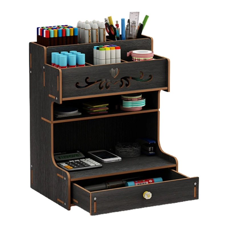 

K1KF Wooden Pen Holder with Drawer Multi-Functional Desktop Stationary Pencil Box Home Office Art Supplies Organizer Rack