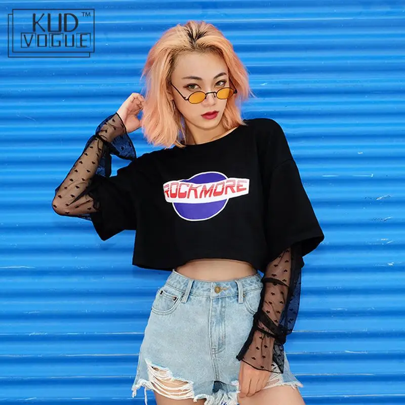 Женские черные топы Лоскутная футболка уличная одежда Rapwriter прозрачная сетка