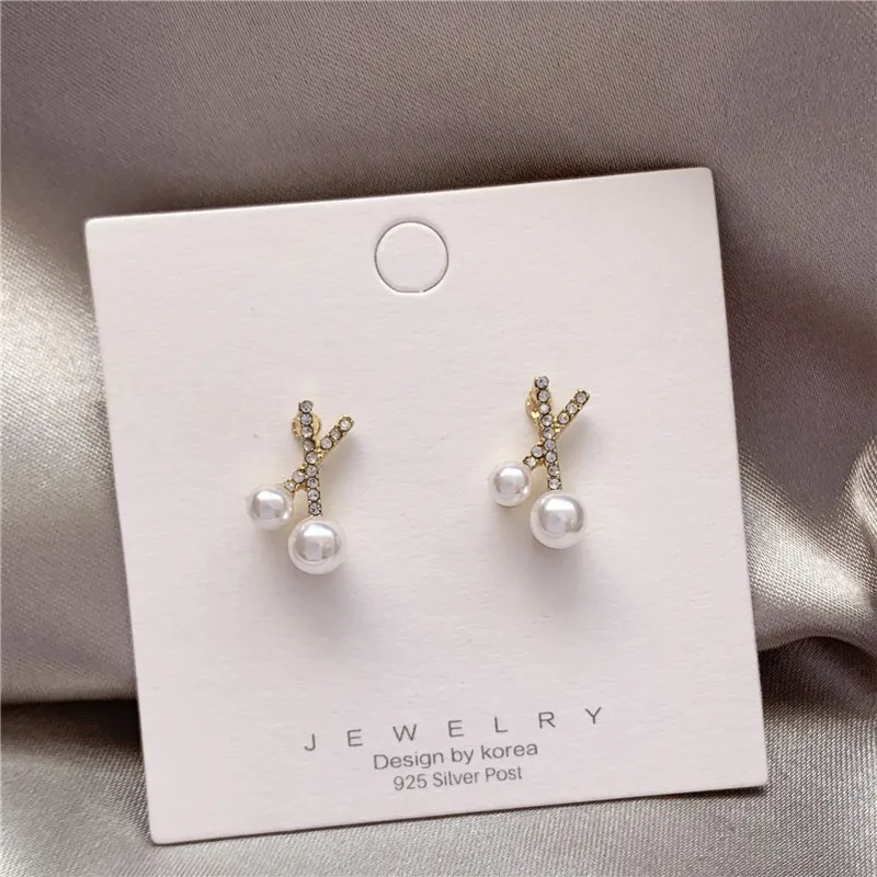 

Cute Fully Rhinestone Geometric Stud Earrings Simulated-pearls Cross Korean Earrings