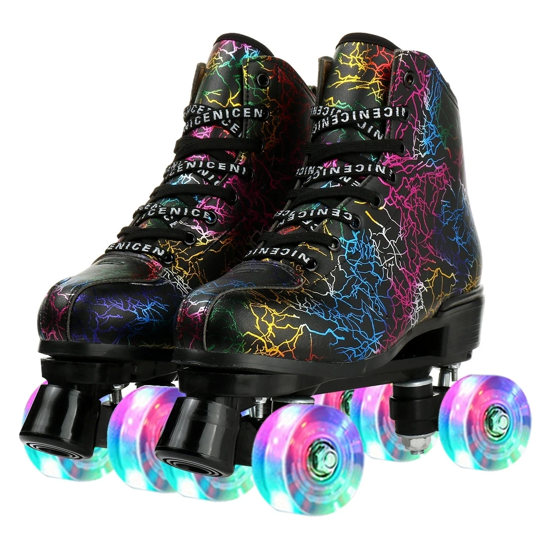 Roller Skates Flash 4 Wheels Shoes Black Artificial Leather Adult Double Row Quad Sneakers Outdoor Indoor Sport Roller Shoes