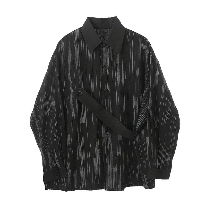 

IEFB black white color block shirts for men strap design trendy printed loose long-sleeved tops 2021 new oversize clothes 9Y3279