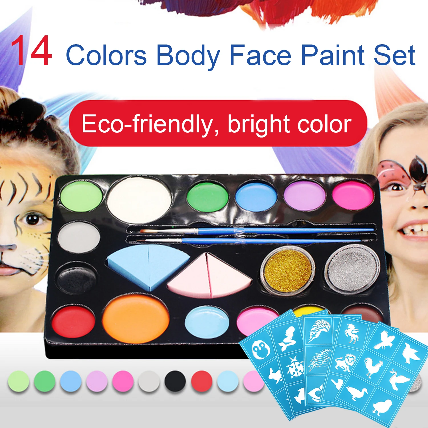 Набор красок для лица и тела 14 цветов с 5 трафаретами детей взрослых косплея