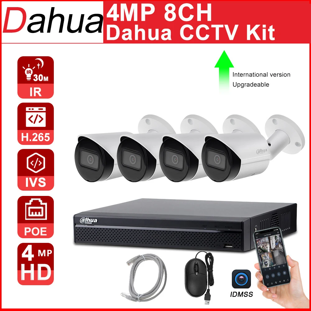 

Dahua CCTV Kit 4MP IP Camera NVR2108HS-8P-4KS2 4K IP Camera IPC-HFW2431S-S Mini Bullet P2P Surveillance System Easy To Install