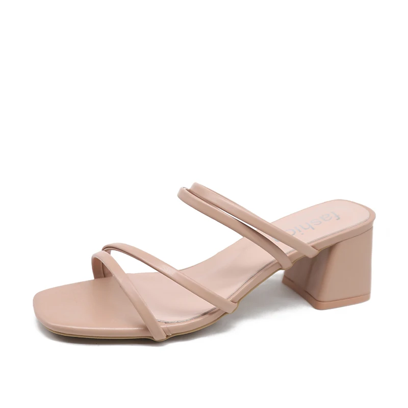 

Women Sandals Ladies Square Heels Elegant Summer Slippers Outside Cross Tied Leather Female Slides 2021 Fashion Woman Sandals