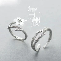 925 sterling silver design snow cherry blossom couple opening adjustable ring white sakura ring wedding ring set for couple