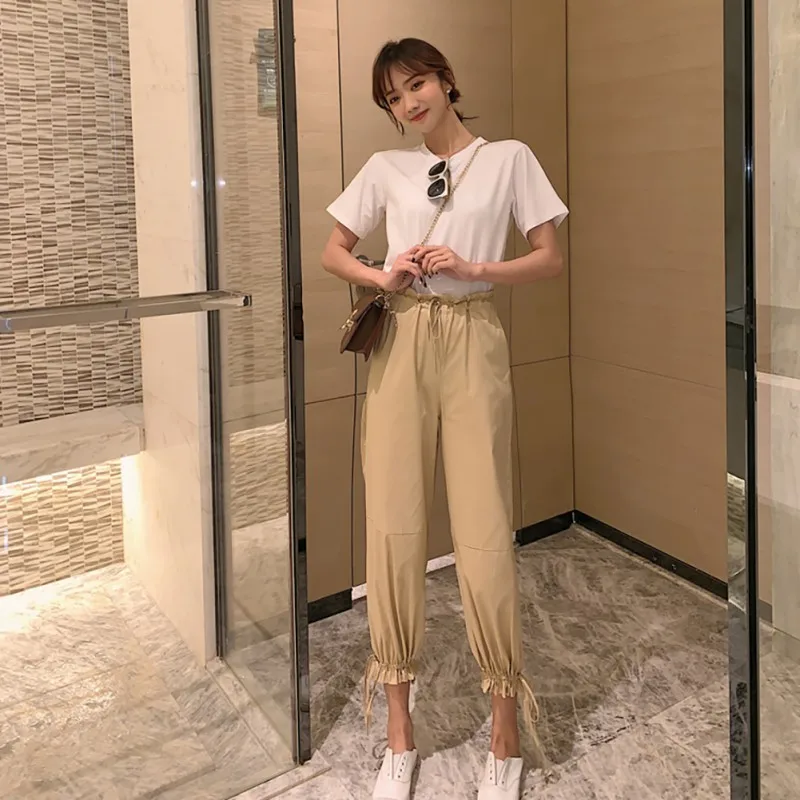 

Women O-Neck Solid Pullover T-Shirt Top And Ankle-Length Harem Pants Casual Set Femal