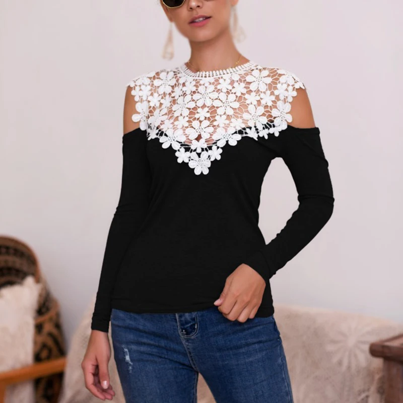 Женские топы вышитые кружева сшивание с длинным рукавом рубашки полые тонкие
