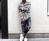 mens autumn new loose long sleeved t shirt simple european and american casual v neck striped t shirt menswear streetwear