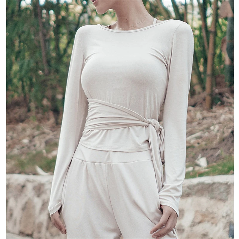 Женский топ с узелком и длинным рукавом для йоги удобные рубашки открытой спиной