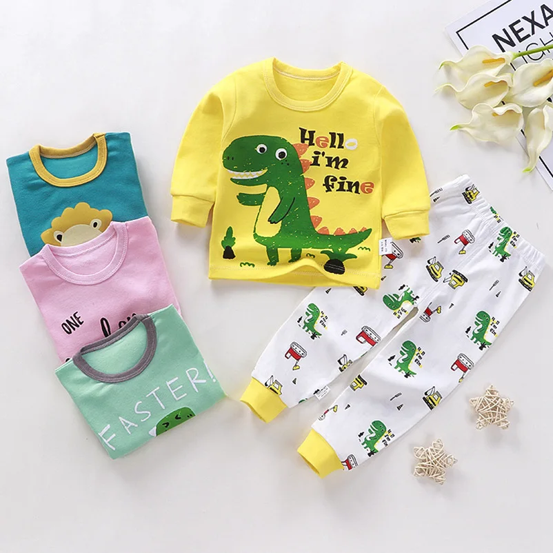 

2021 Autumn Children Cotton Underwear Pajama Set Baby Boy Animal Dinosaur Cartoon Long John Outfits Winter Kids Clothes Girls