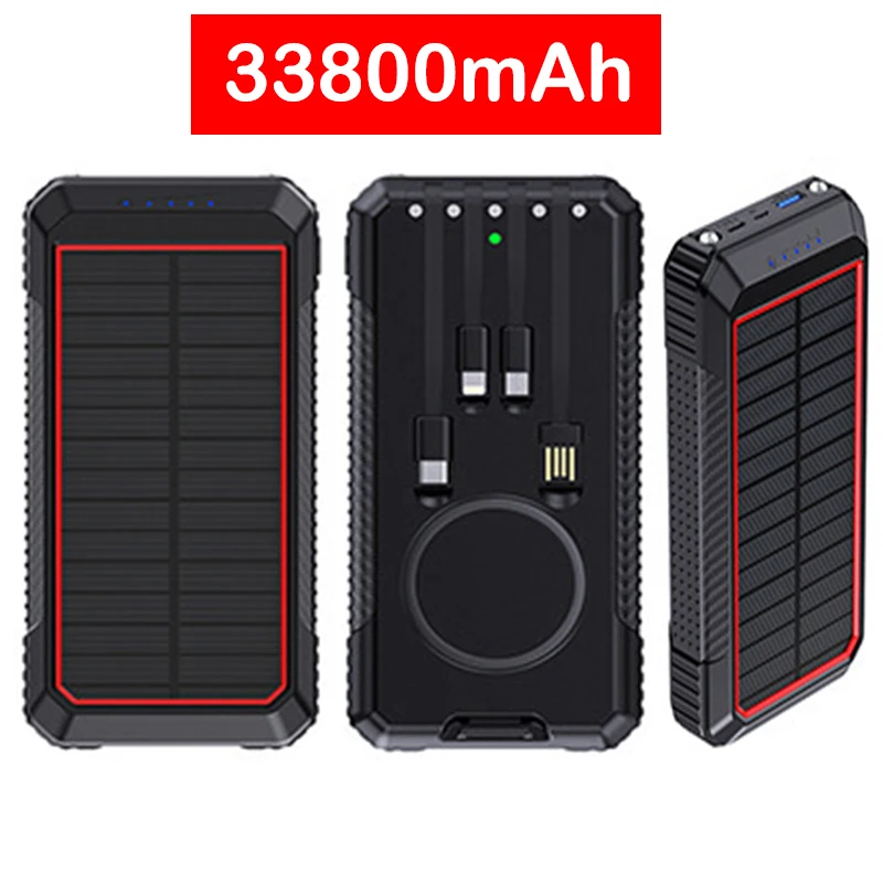 

33800mAh Solar Power Bank 15W Qi Wireles Charger for iPhone 12 Huawei Xiaomi Poverbank with Cable PD 40W Fast Charging Powerbank