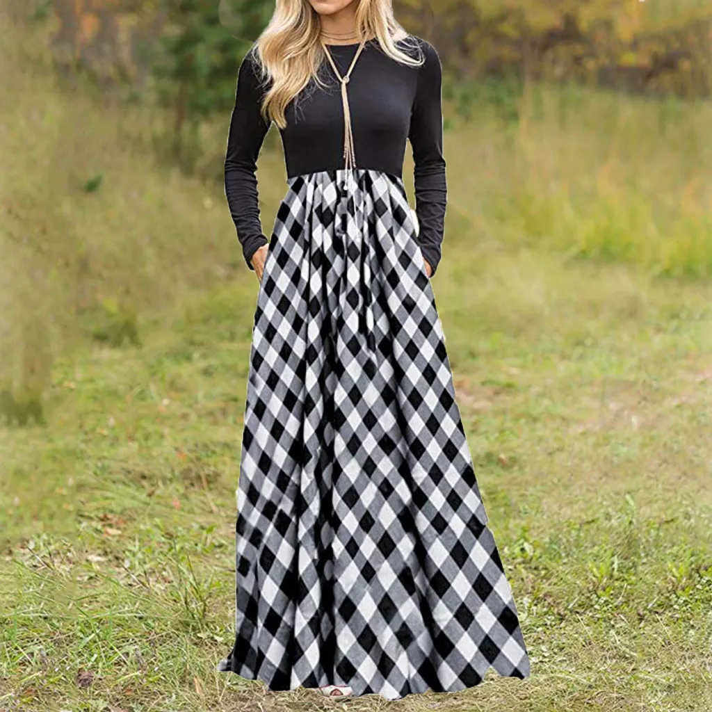 #Z40 Spring Autumn Red Plaid Maxi Dress Women Elegant Lady Blouse Long Party Sleeve Vestidos De Fiesta Noche | Женская одежда