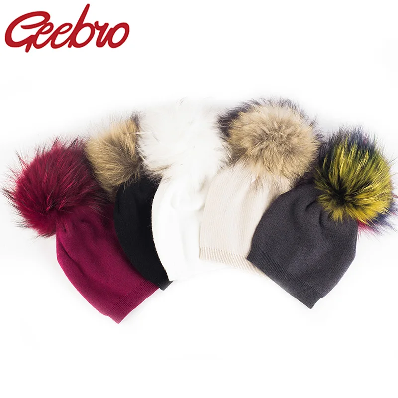 

Geebro Children's Knit Hexagonal Cashmere Beanie Real Raccoon Fur Pom Pom Winter Hat Girl Warm Skullies Bone Kids Baby Soft Cap