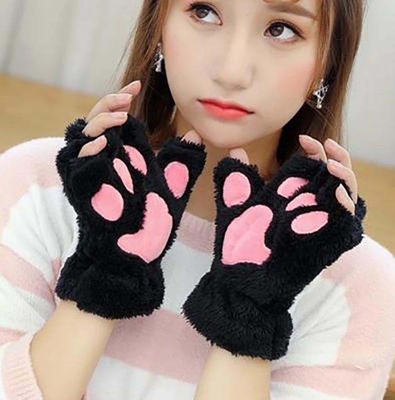 

Женские плюшевые перчатки с кошачьими лапами и медведем, зимние рукавицы без пальцев с милым котенком из искусственного меха, перчатки для ...
