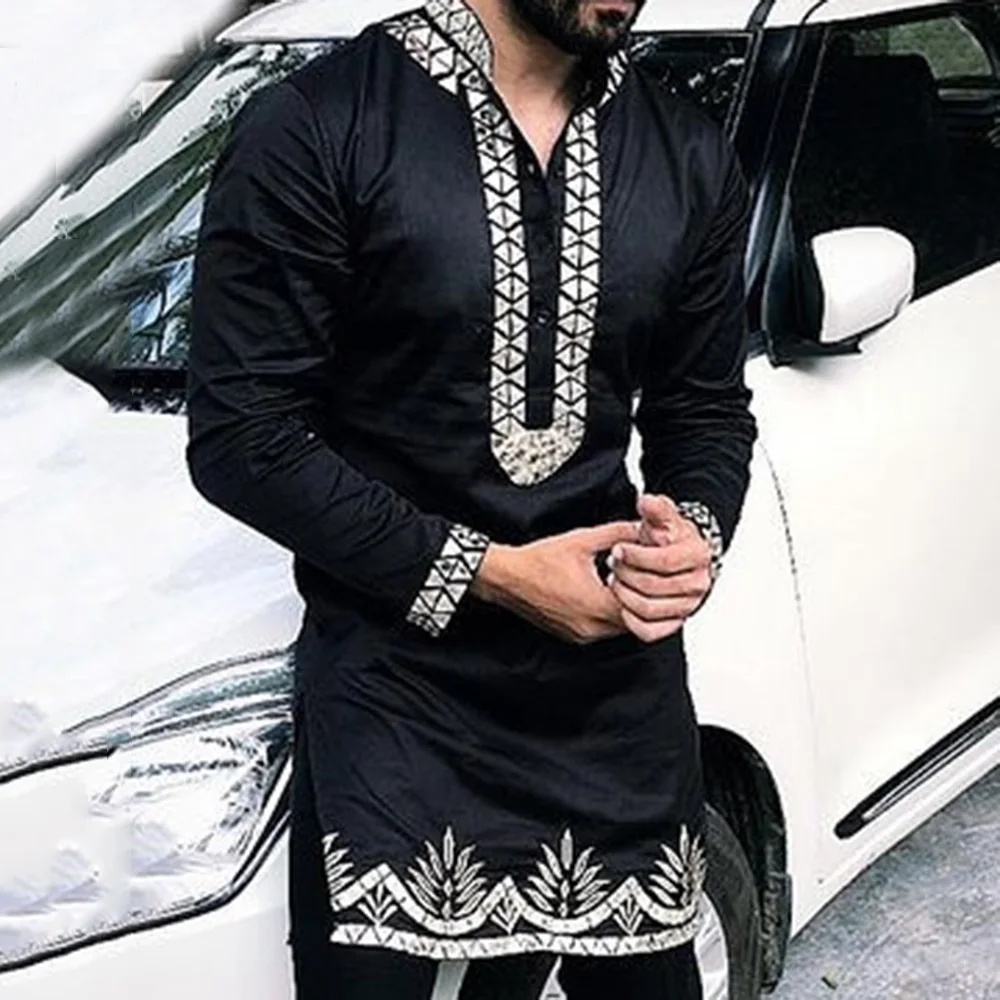 

African Men Dashiki Riche Print Long Sleeve Black Shirt Plus Size Muslim Traditional Clothes Dubai Casual Tops Fashion Blouse