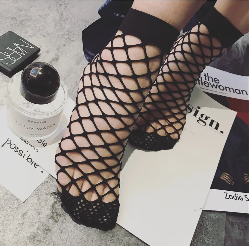 Женские ажурные носки длиной по щиколотку с рюшами модные сетчатые кружевные