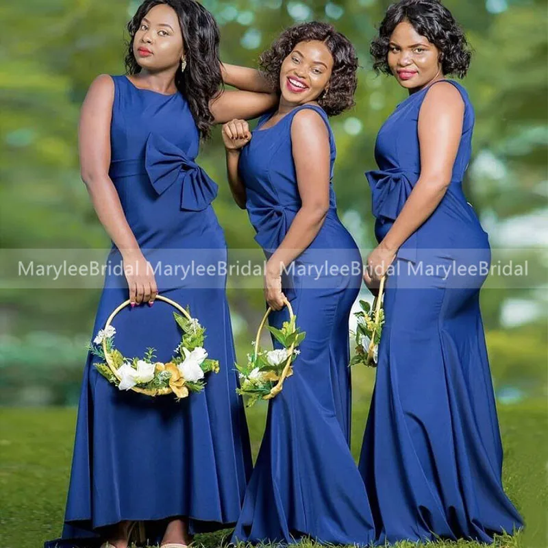 

New African Women Bridesmaid Dresses With Bow Royal Blue Mermaid Elastic Satin Long Wedding Guest Dress Cheapest Party Gown