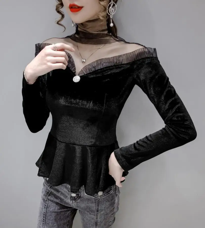 

Fashion Sexy Mesh Patchwork Off Shoulder Velvet Blouse Shirt Spring Autumn Black Party Blouse Ladies Tops s548