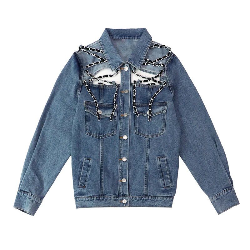 Женская джинсовая куртка с длинными рукавами Повседневная Свободная длинная из