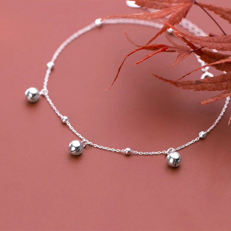 

100% 925 Sterling Silver Anklets Woman Bells Foot Bracelet On The Leg Chain Jewelry Barefoot Female Gift 22 CM