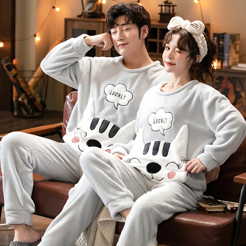 2021 Winter Long Sleeve Couple Thick Warm Flannel Pajama Sets for Men Comic Print Coral Velvet Sleepwear Women Homewear Clothes