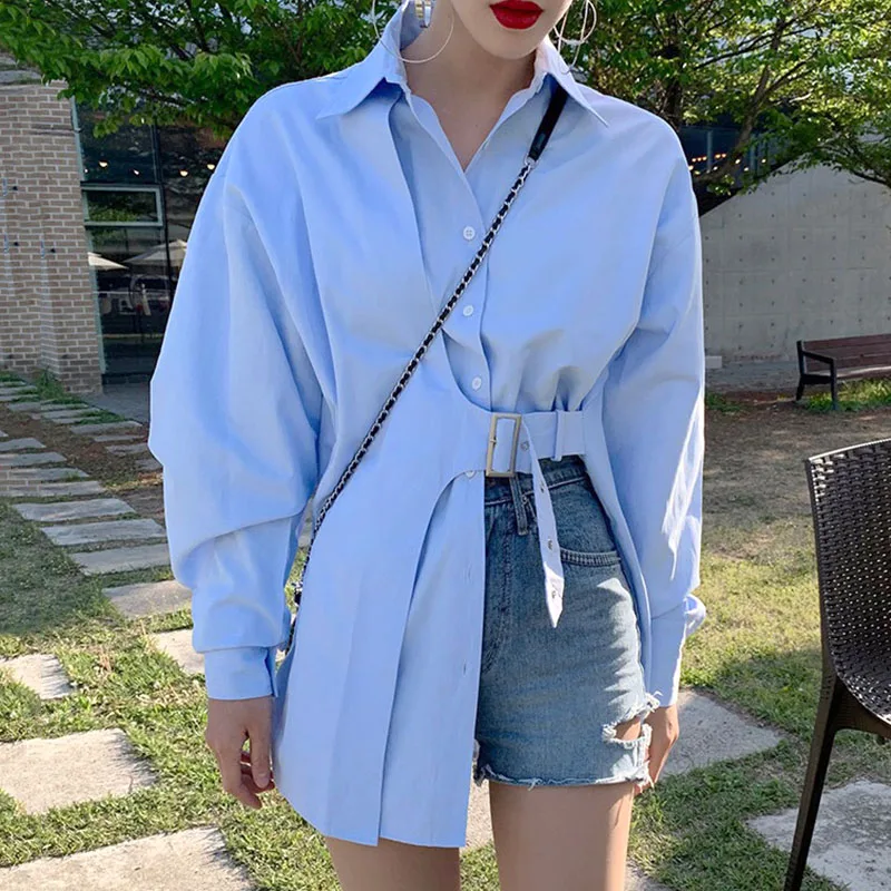 

Korean Design Belt Long Sleeved Blouses Single Breasted Irregular Loose Casual Bubble Shirt & Top Blue