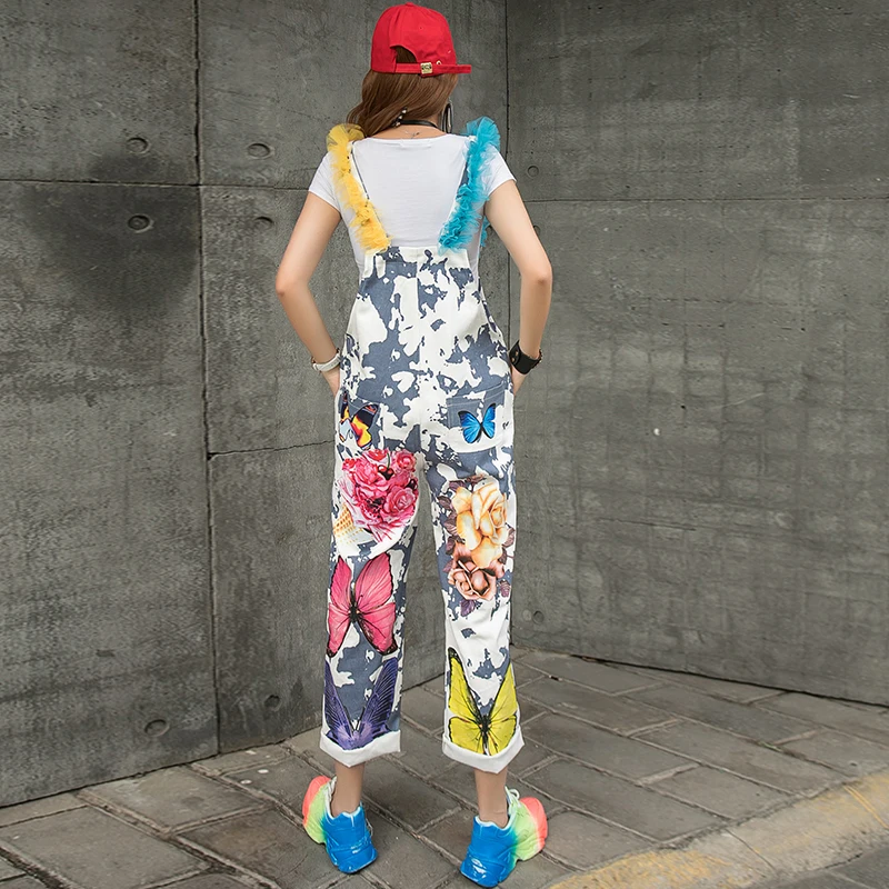 European station fashion embroidery flower print overalls female fried street personality loose overalls overalls trousers
