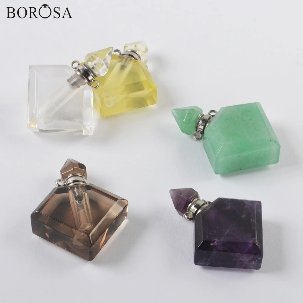 

BOROSA Rhombus Gems Stones Perfume Bottle Pendant Amethysts Crystal Fluorite Essential Oil Diffuser Necklace Connector WX1756