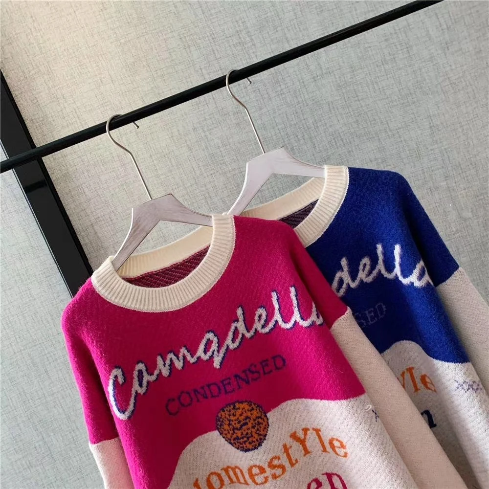 

2020 Fall New Color Contrast Letter Jacquard Sweater Loose Mid-Length Fashion Sweater Women