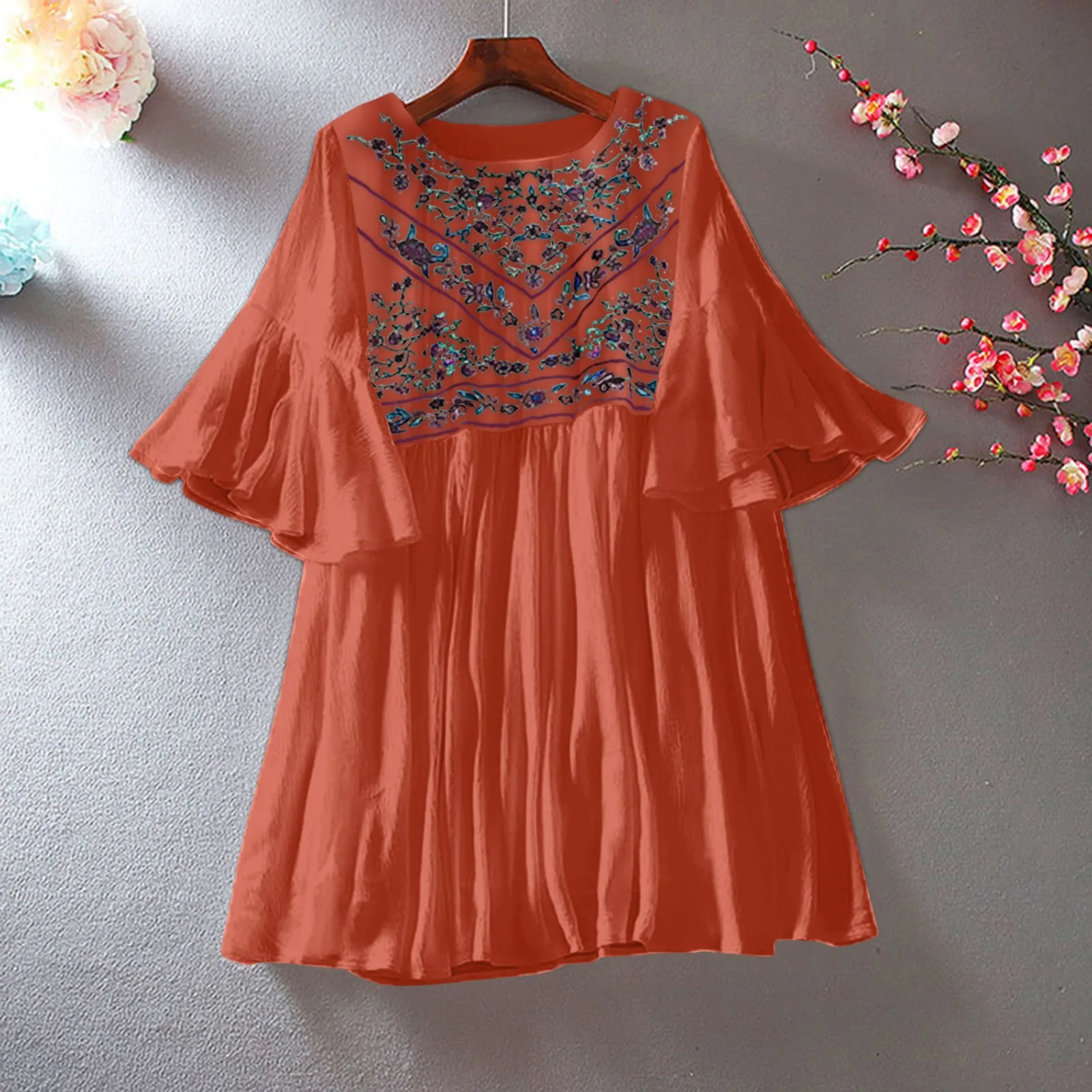 

Women Fashion Plus Size Loose Dress Summer Ladies Flare Sleeve Plaid Lace Splice Beach Party Embroidery Tops T-shirt Mini Dress